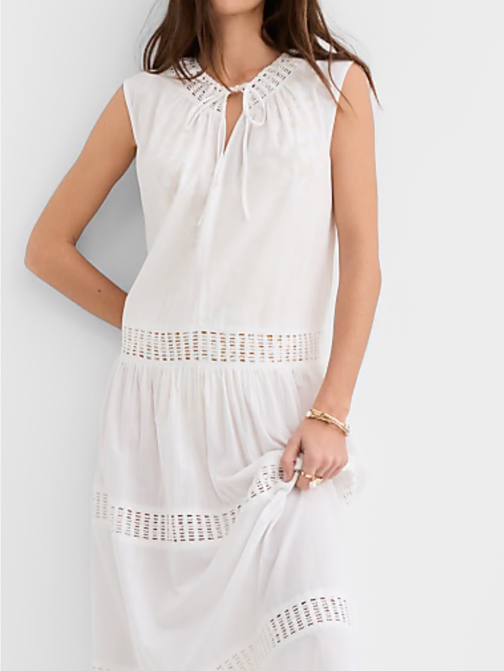 LOFT White Sleeveless Crochet-Trim Maxi Dress